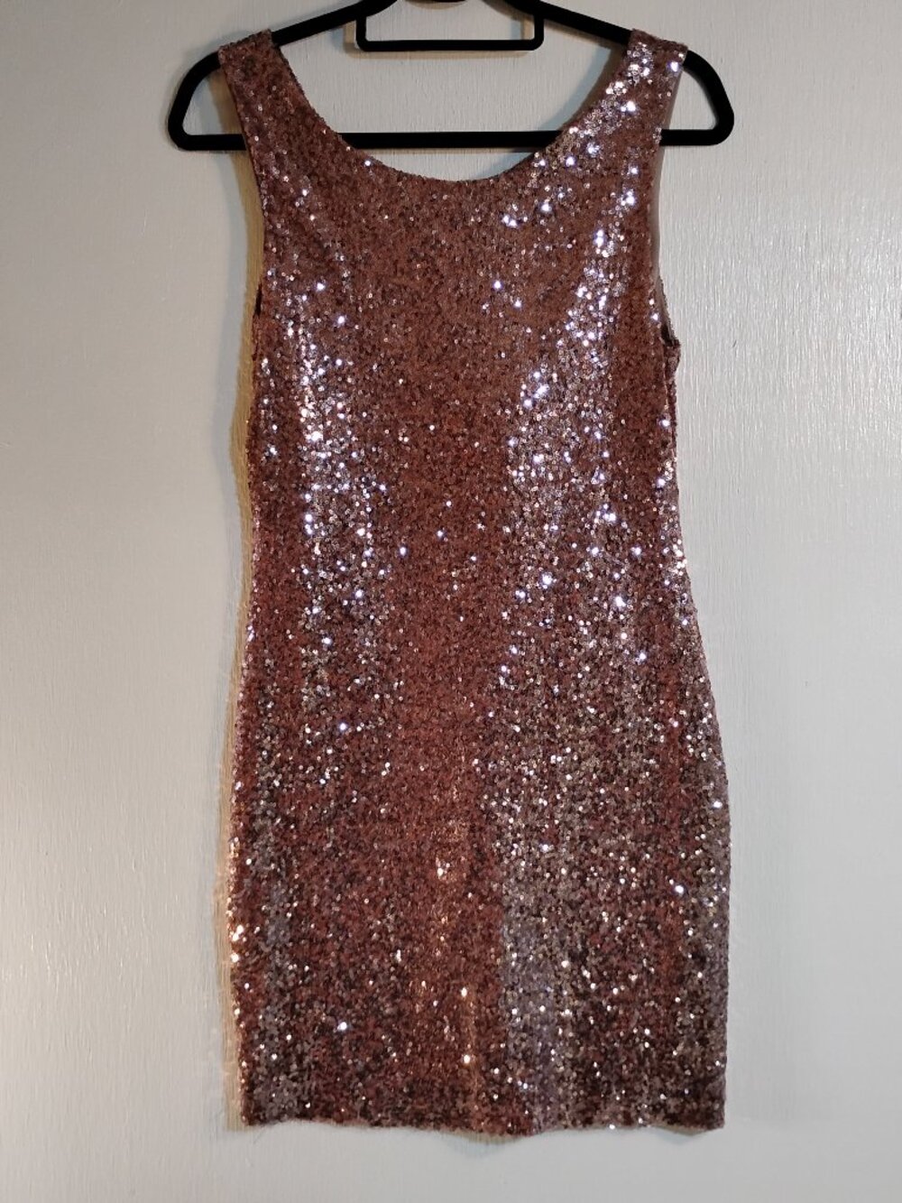 Blush pink sequin body-con sleeveless mini dress by Crystal Doll Size L.